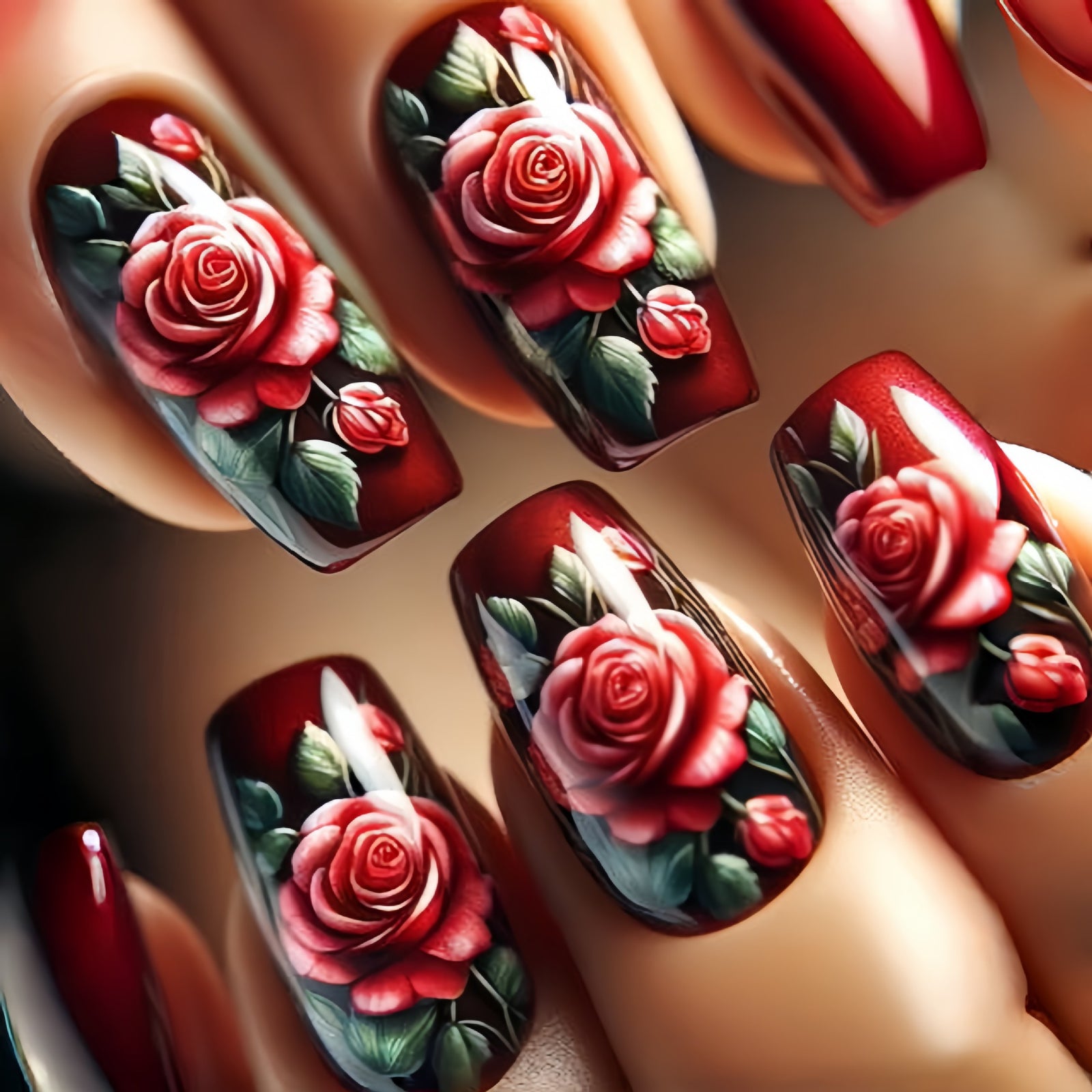 24pcs/Set Red Roses Press-On Nails