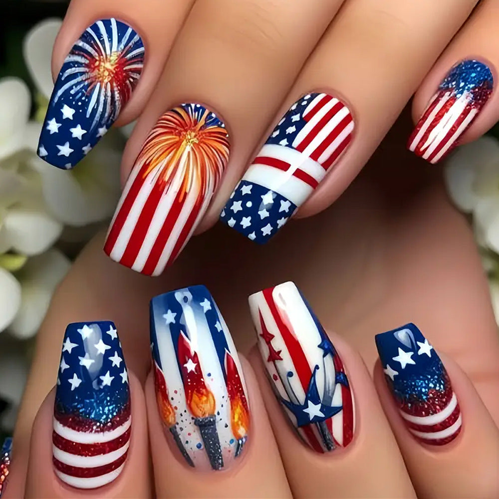 24pcs/Set Blue Stripes and Star Stripes Press-On Nails