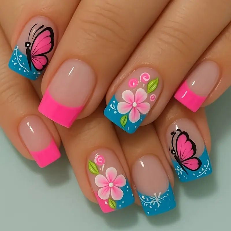 24pcs/Set French Flower Butterfly Nails Press-On Nails