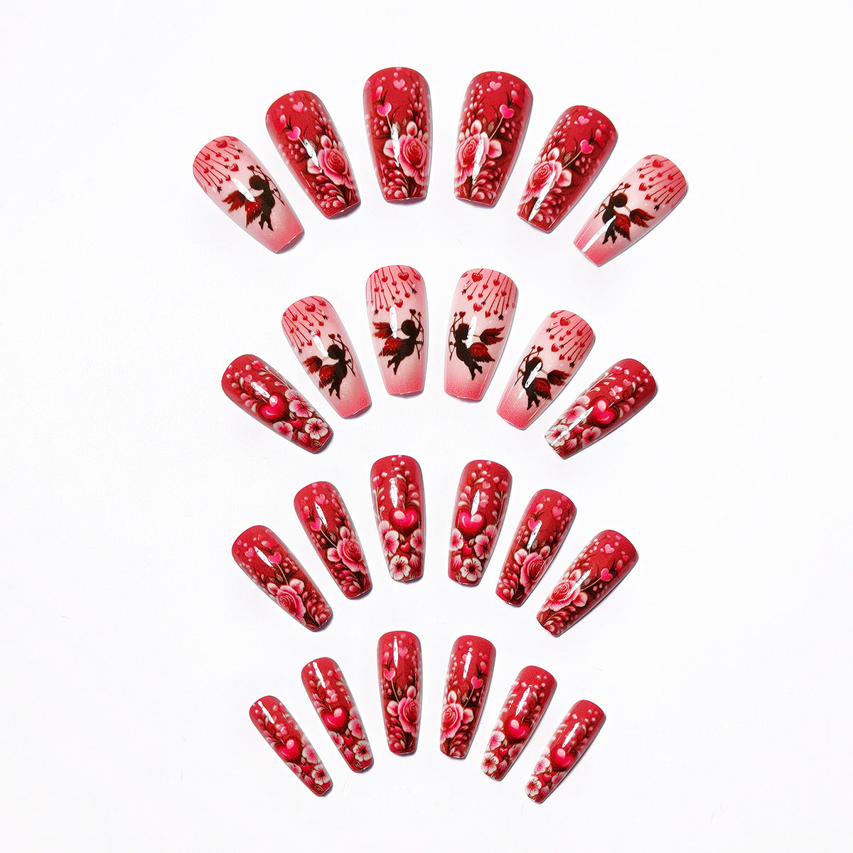 24pcs/Set Valentine Red Heart Cupid Press-On Nails