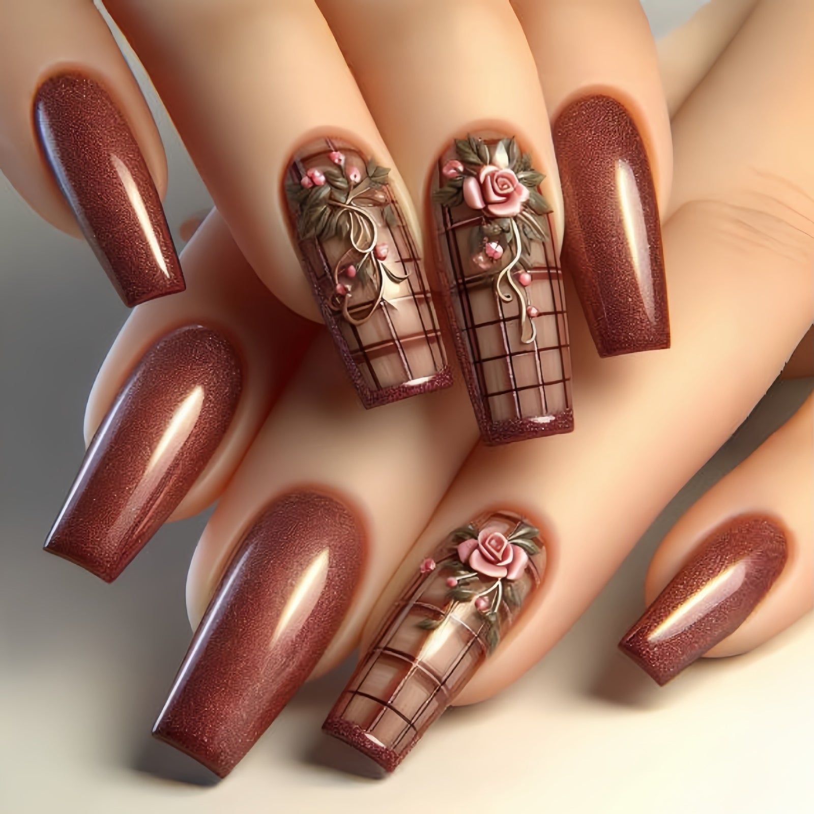 24pcs/Set Brown Flowers Press-On Nails