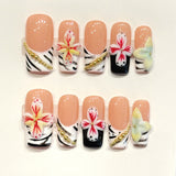 (Handmade) 10pcs/Set Floral Gold Chain Color-Block French Press-On Nails