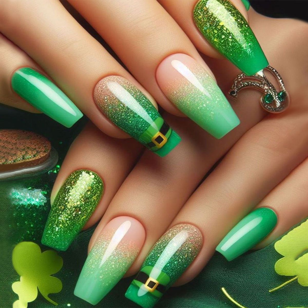 24pcs/Set Green Glitter Press-On Nails