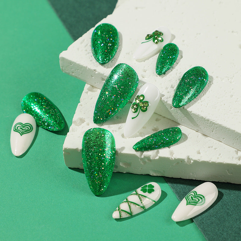 24pcs/Set Four-Leaf Clover Green Glitter Heart Press-On Nails