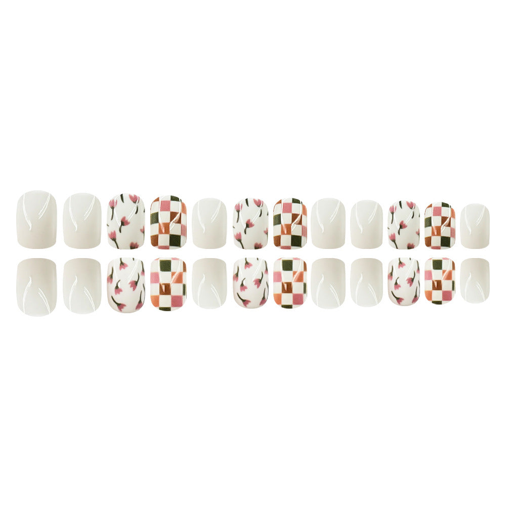 24pcs/Set Floral Gingham Pattern Short Press-On Nails