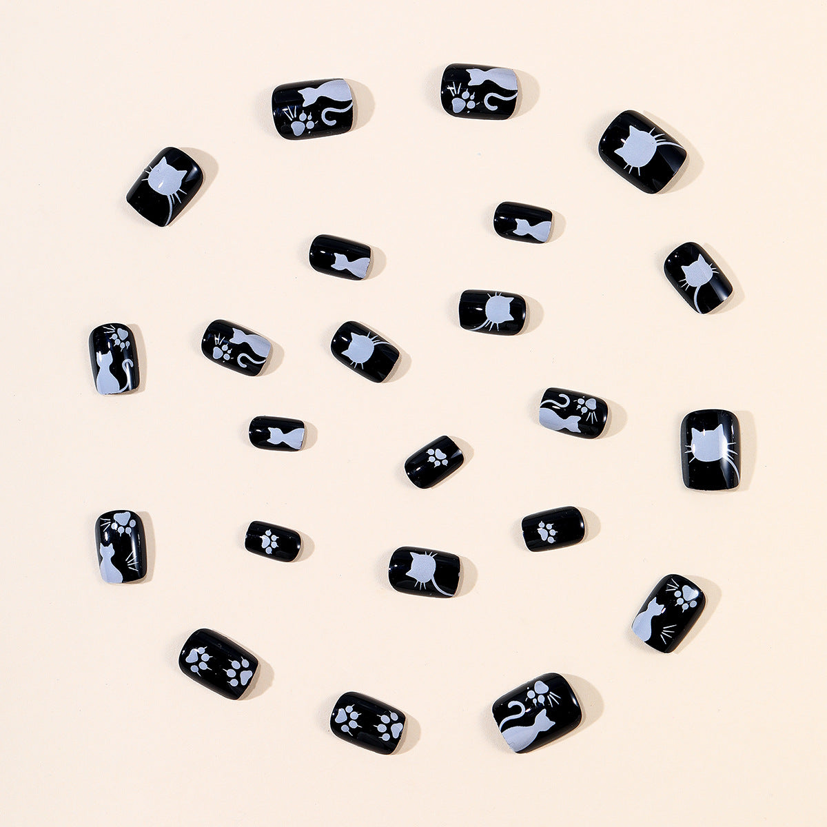 24pcs/Set Black Cartoon Cat Paw Short Press On Nails