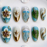30pcs/Set Luxury Gold Foil Ocean Jellyfish Floral Press-On Nails