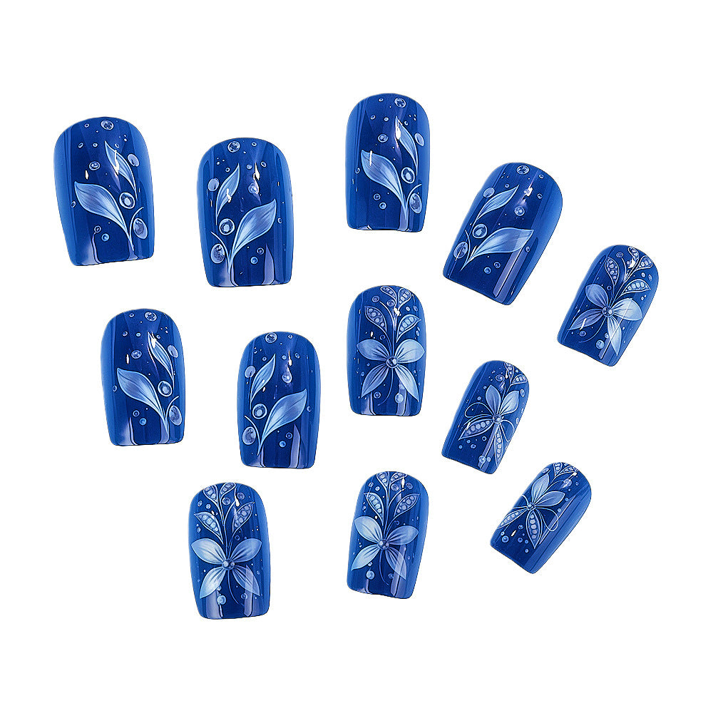 24pcs/Set Deep Sea Blue & White Flowers Press-On Nails