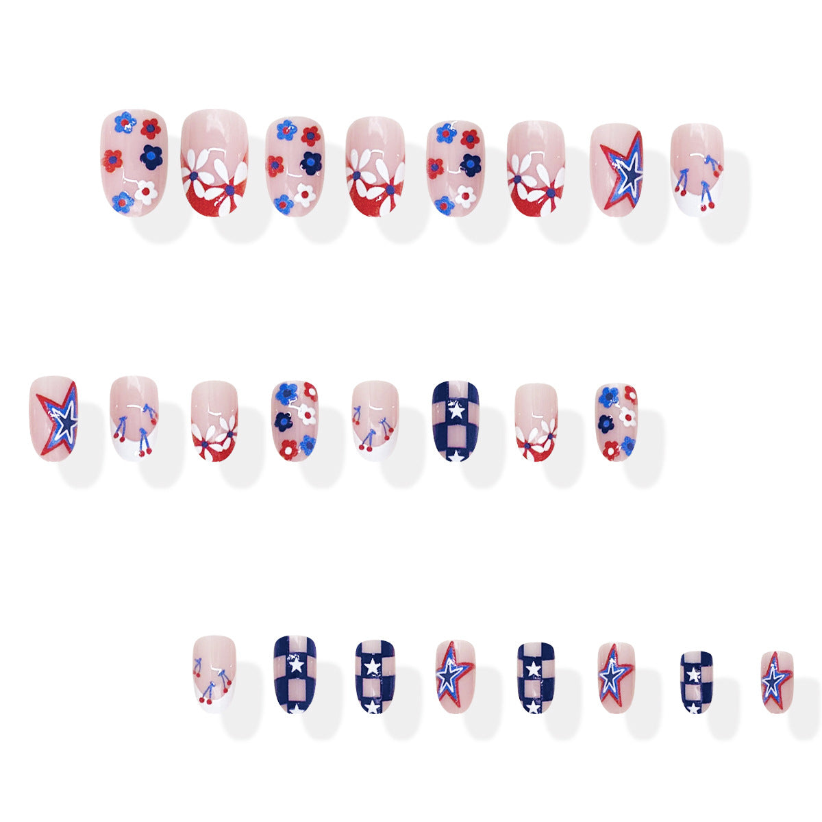 24pcs/Set Red, Blue & White Floral Star Press-On Nails