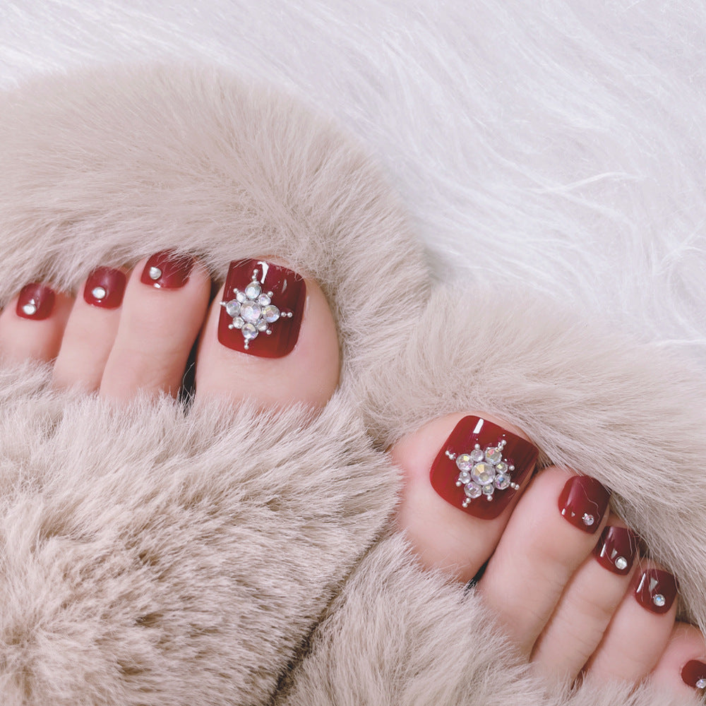 24pcs/Set Burgundy Multi-Rhinestone Press On Toe Nails