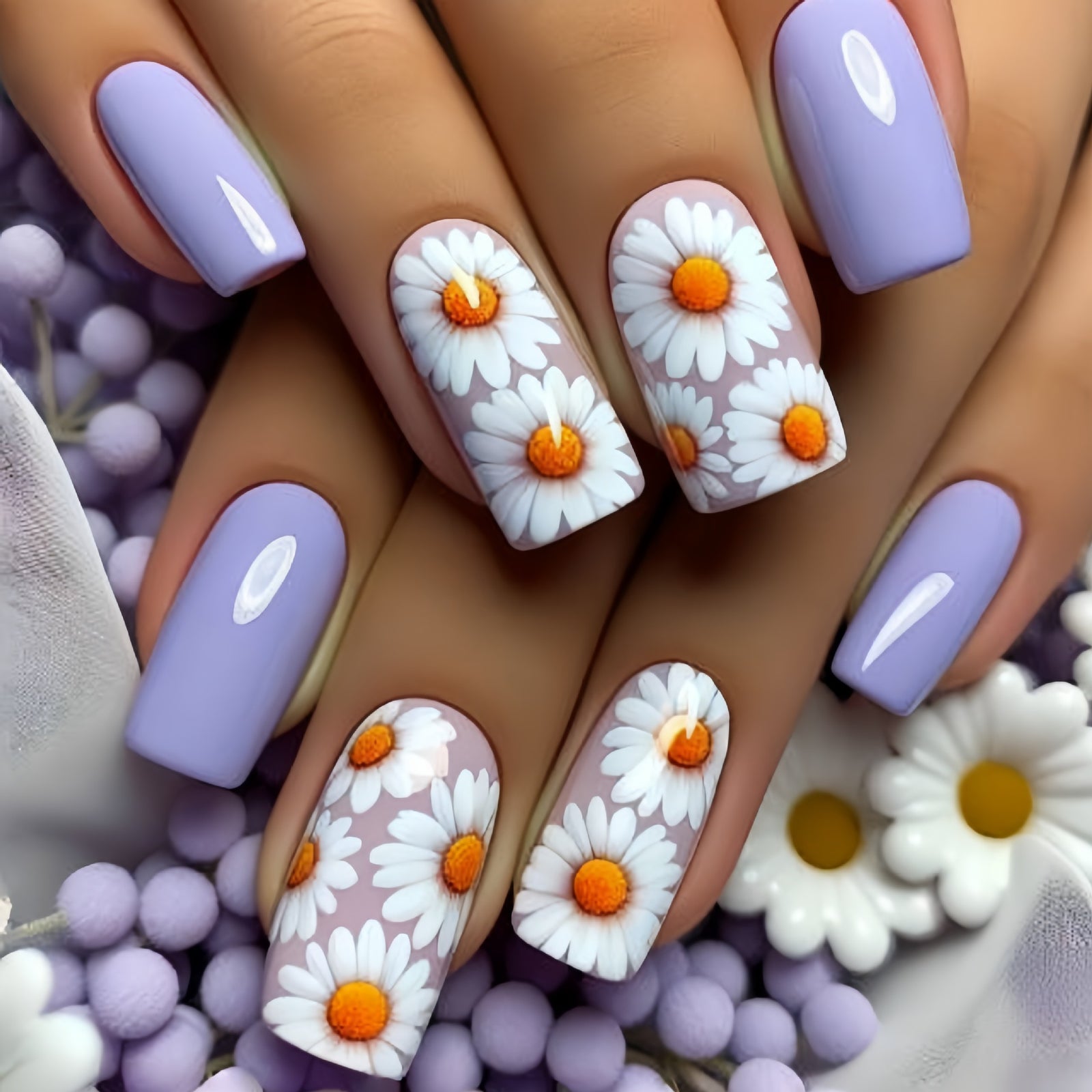 24pcs/Set Purple Flowers Press-On Nails