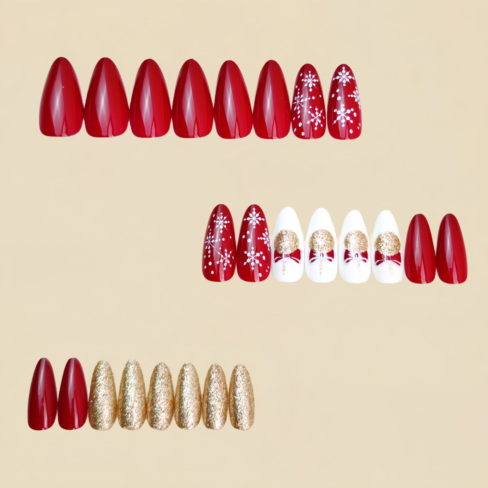 24pcs/Set Red Snowflake Gold Glitter Press-On Nails