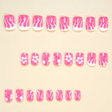 24pcs/Set Pink Water Ripple White Flowers Short Press On Nails