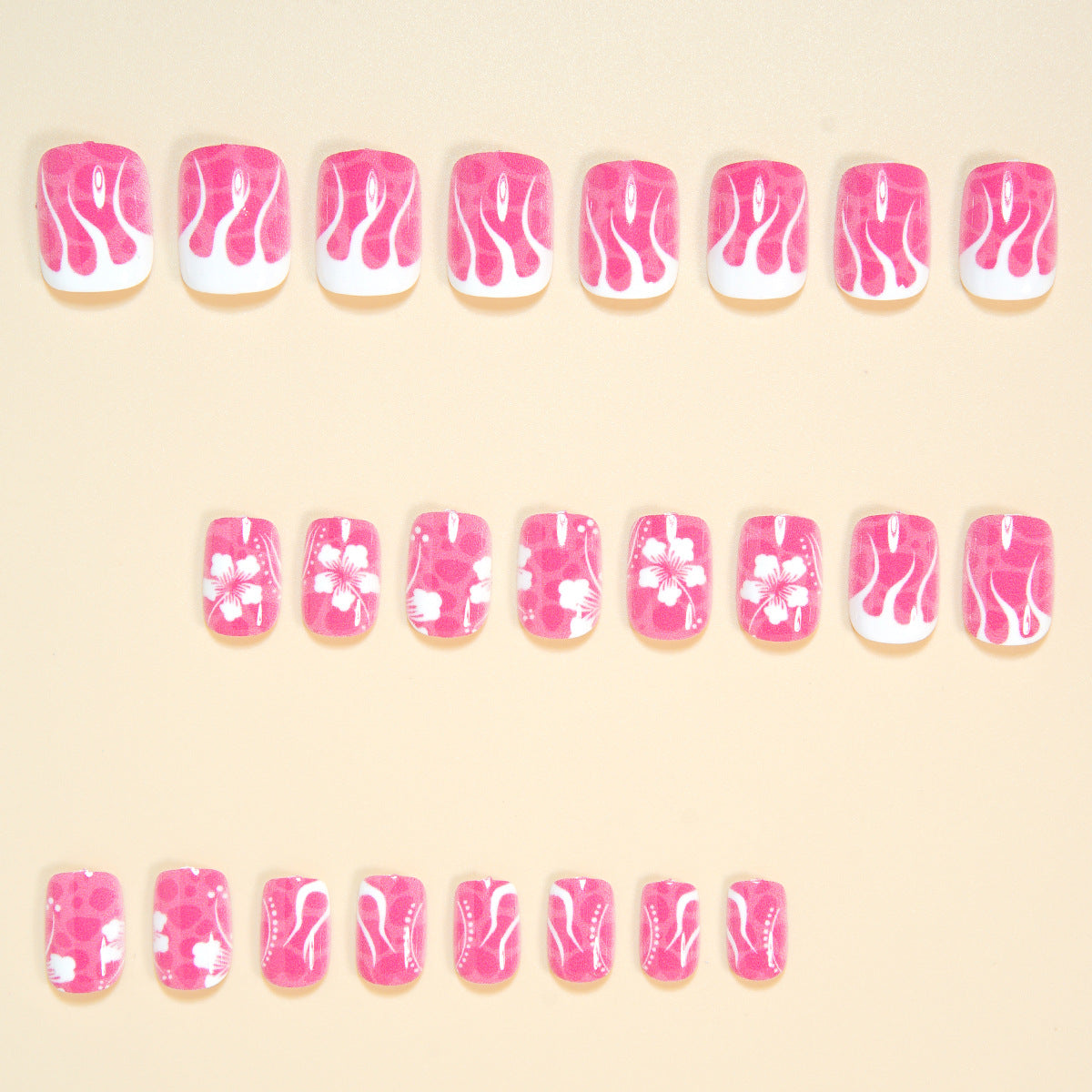 24pcs/Set Pink Water Ripple White Flowers Short Press On Nails