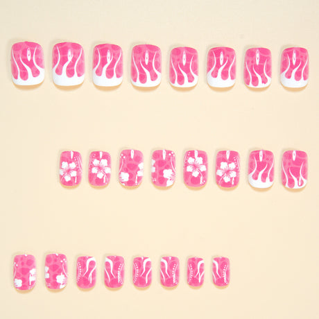 24pcs/Set Pink Water Ripple White Flowers Short Press On Nails