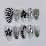 (Handmade) 10pcs/Set Black 3D Flower Gold Line Star Glam Press-On Nails