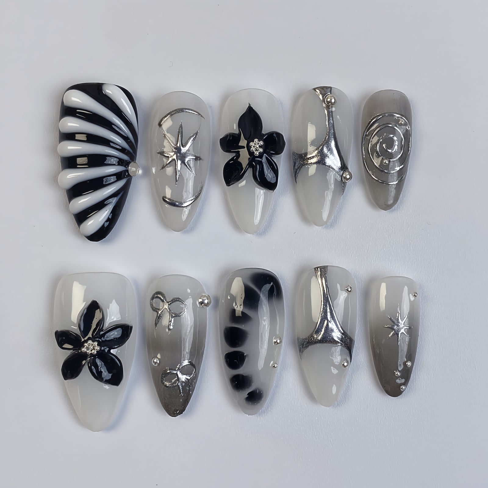 (Handmade) 10pcs/Set Black 3D Flower Gold Line Star Glam Press-On Nails