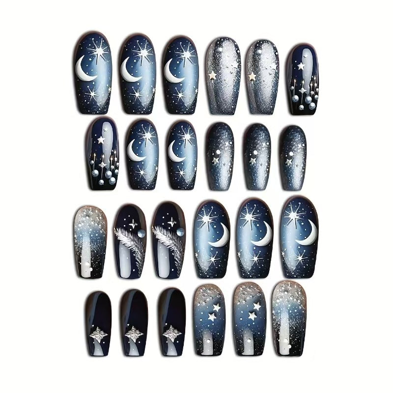 24pcs/Set Black Starry Sky with Moon & Stars Press-On Nails