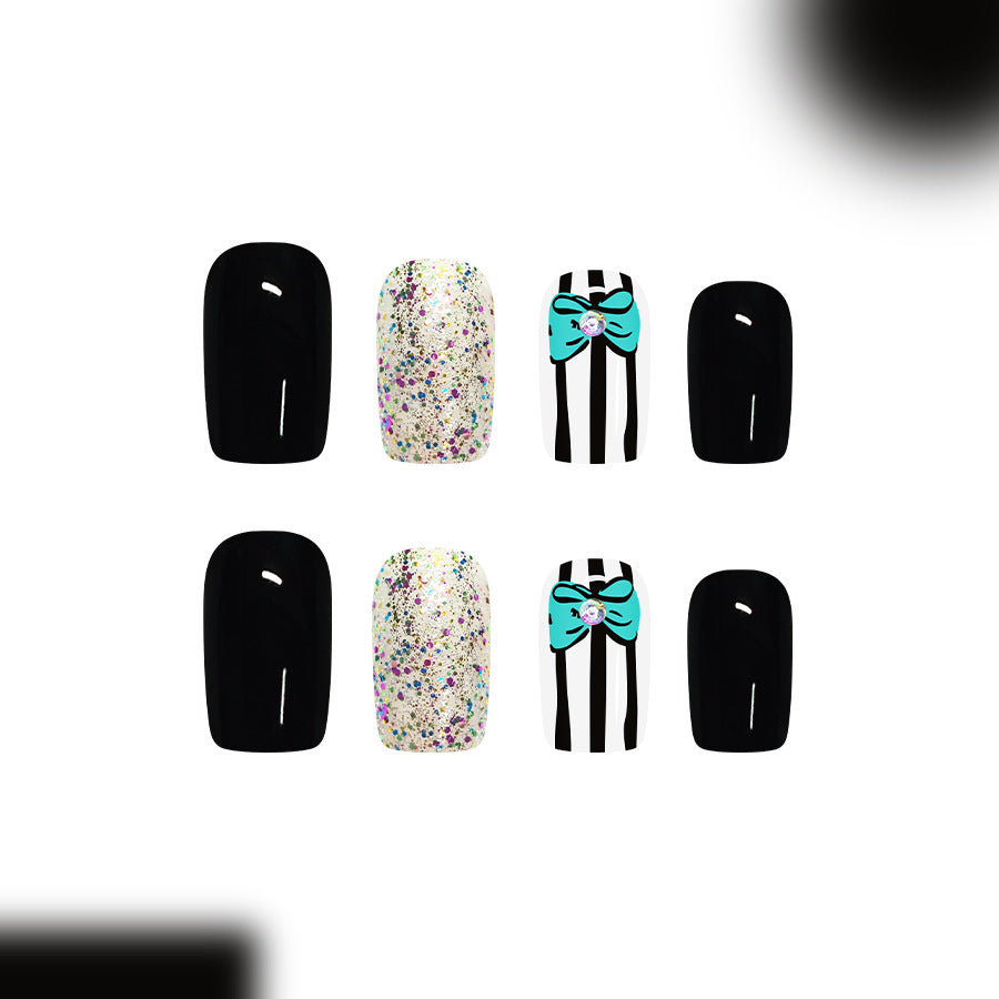 24pcs/Set Black and White Stripes with Blue Bow Press-On Nails