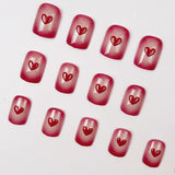 24pcs/Set Red Embossed Hearts Short Press On Nails
