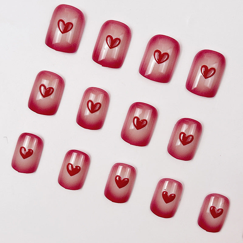 24pcs/Set Red Embossed Hearts Short Press On Nails