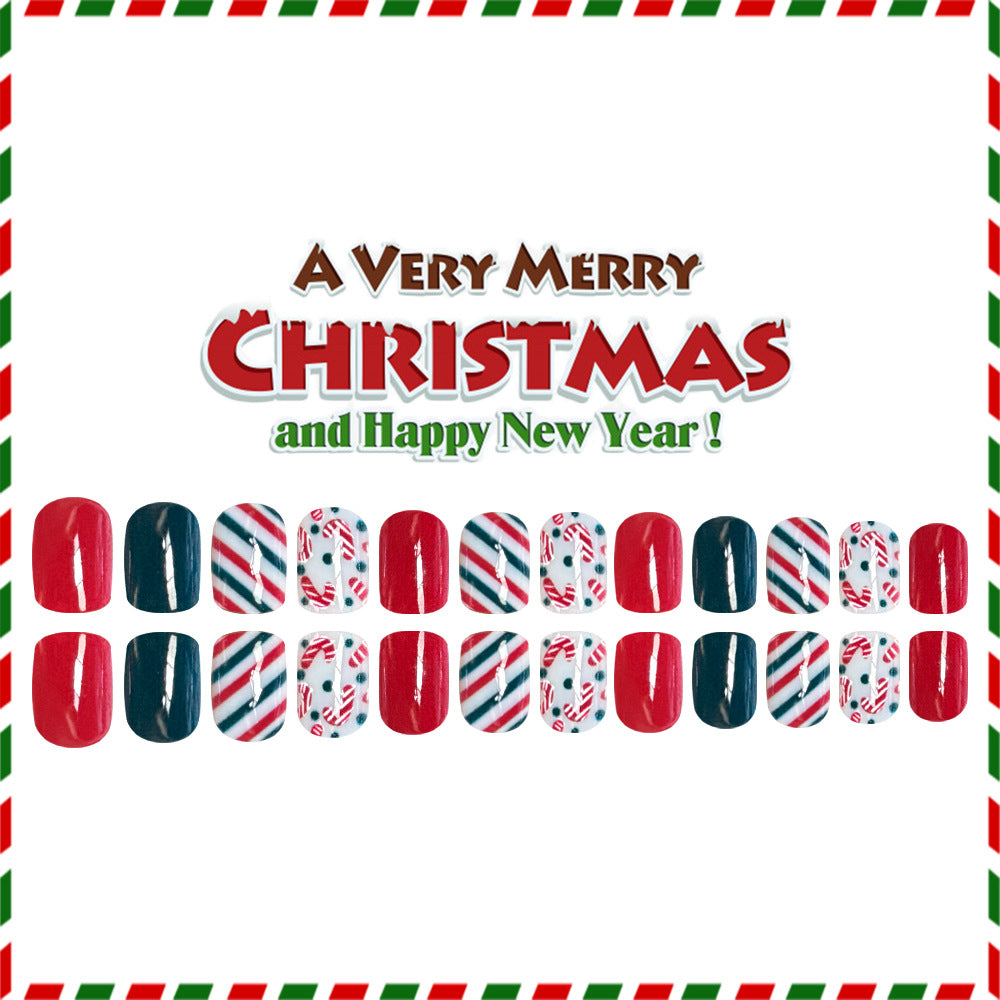 24pcs/Set Red & Green Candy Cane Stripes Short Press On Nails