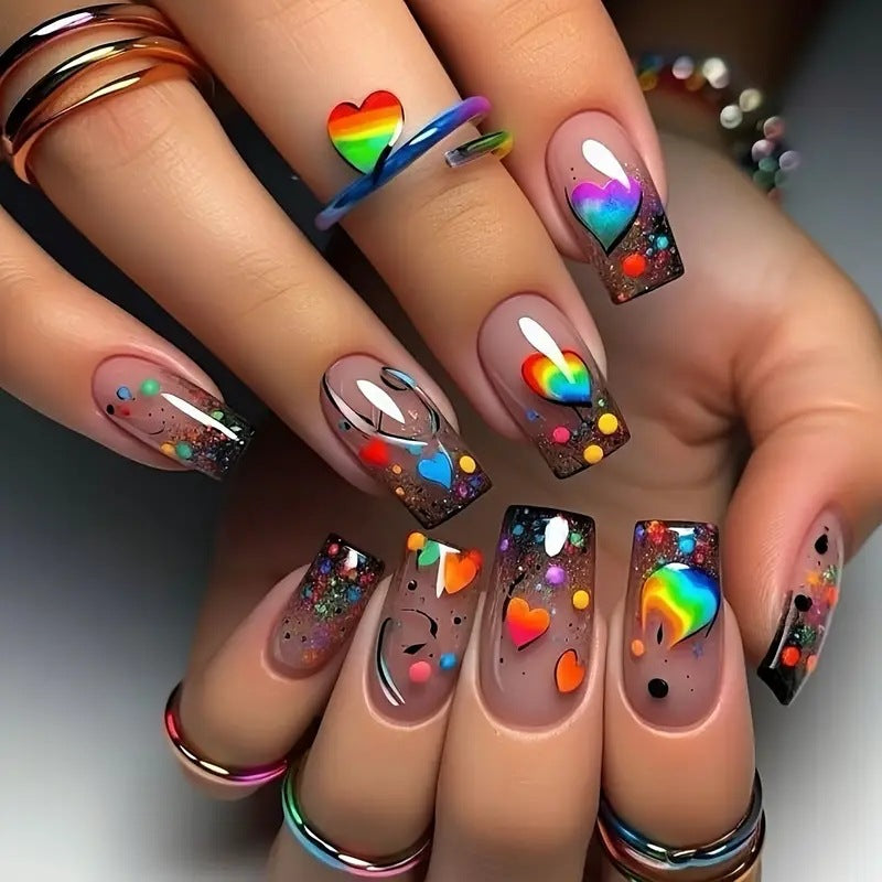 24pcs/Set Rainbow Gradient Heart Press-On Nails