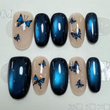 (Handmade) 10pcs/Set Blue Butterfly Cat Eye Press-On Nails