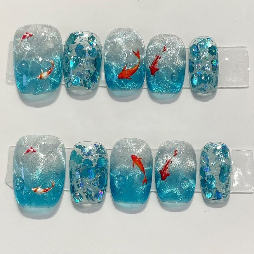 (Handmade) 10pcs/Set Blue Ccean Goldfish Press on Nails