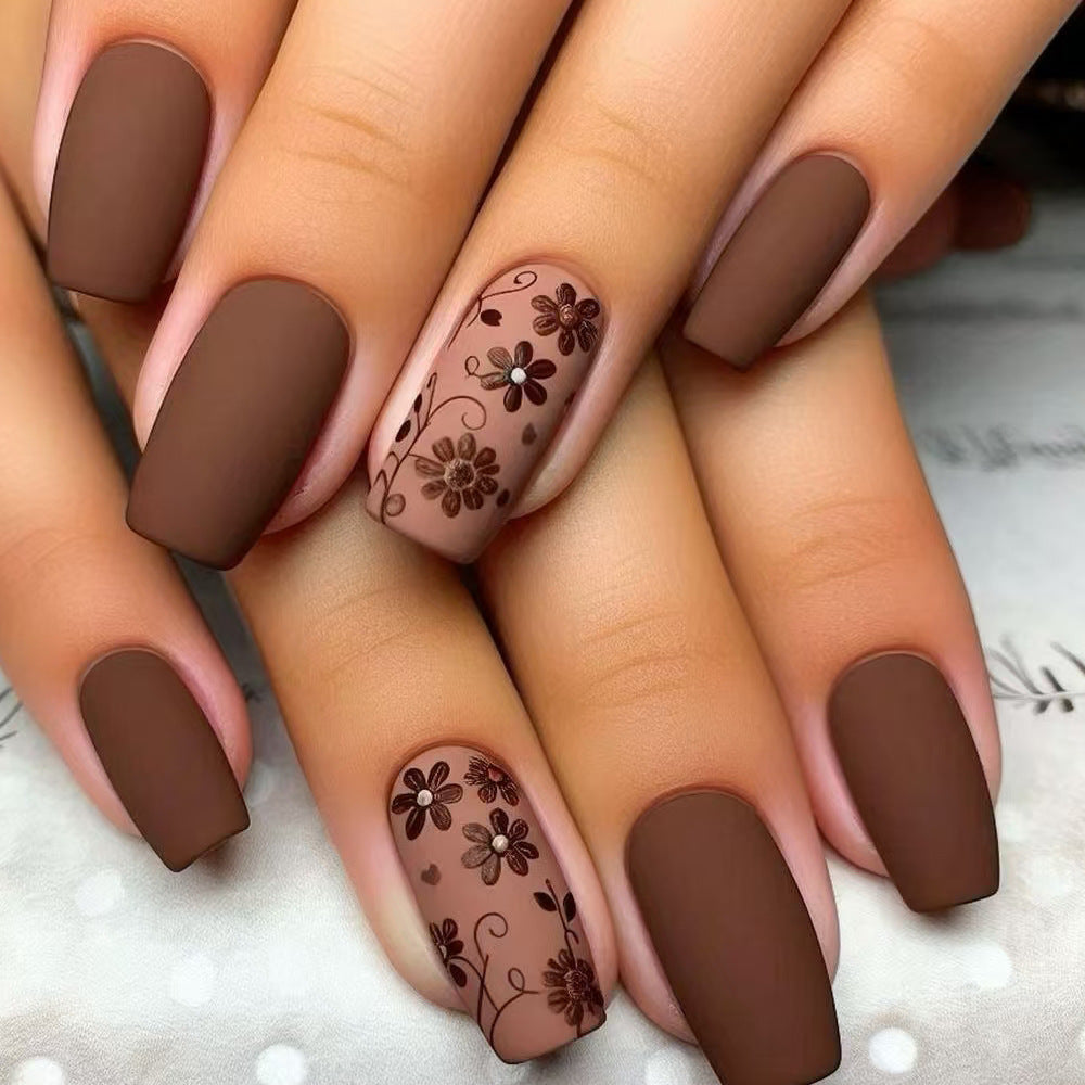 24pcs/Set Brown Floral Press-On Nails