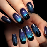 24pcs/Set Mysterious Blue Moonlit Forest Press-On Nails