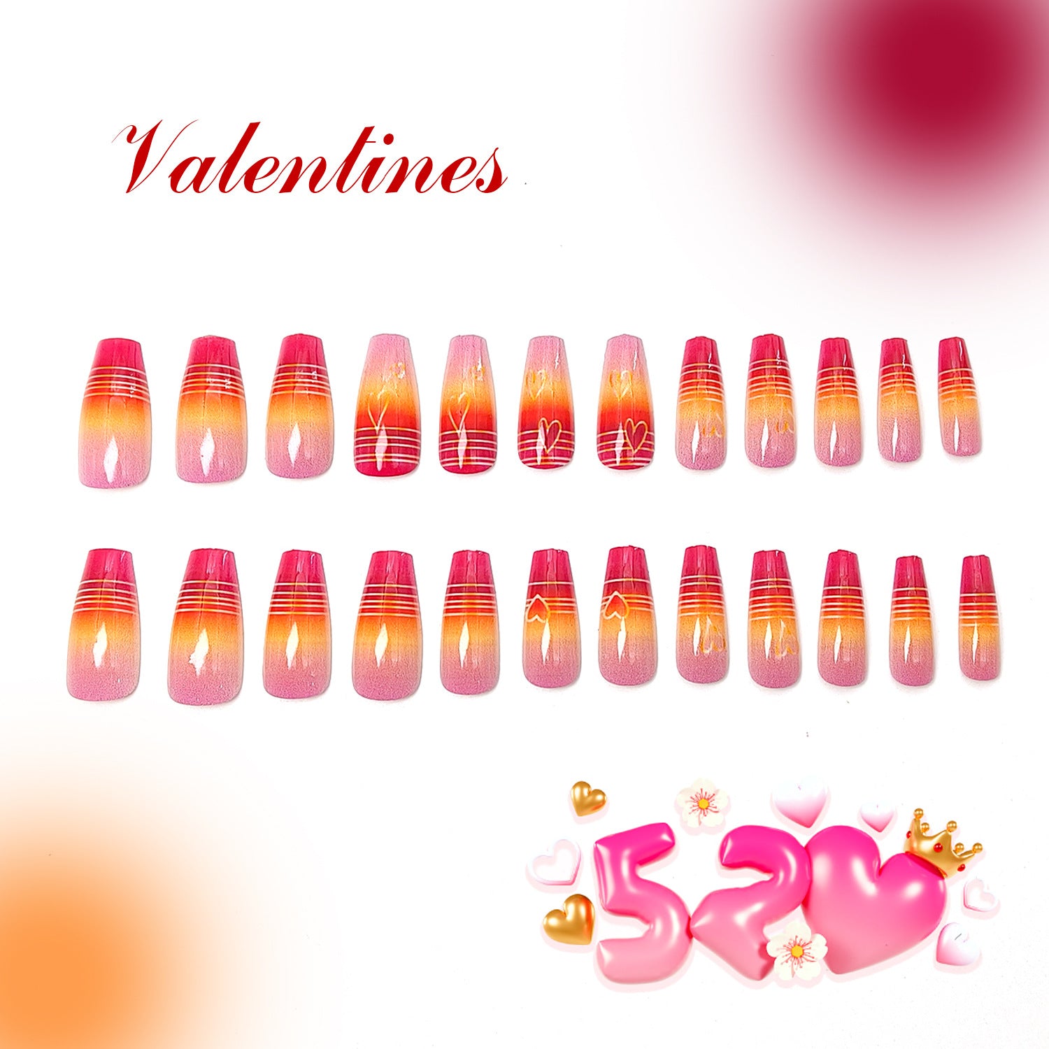 24pcs/Set Gradient Stripes Hearts Press-On Nails