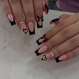24pcs/Set V-Shaped French with Bow & Colorful Rhinestones Press-On Nails
