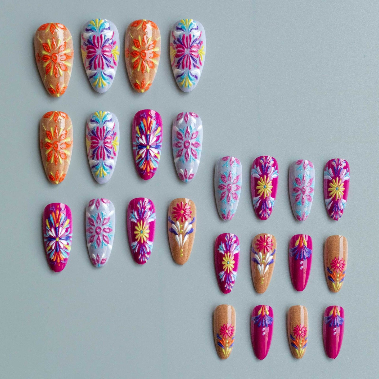 24pcs/Set Vibrant Color Clash & 3D Florals Press-On Nails