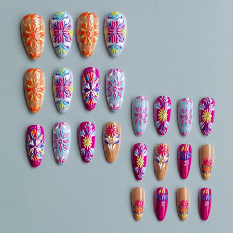 24pcs/Set Vibrant Color Clash & 3D Florals Press-On Nails