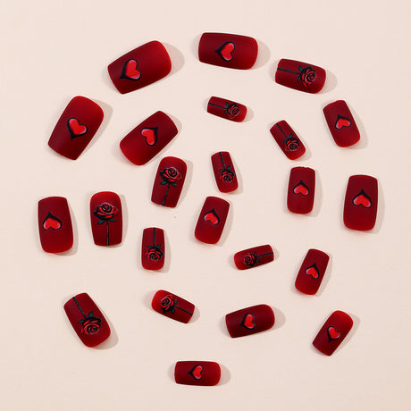 24pcs/Set Short Square Red Matte Rose Hearts Press On Nails