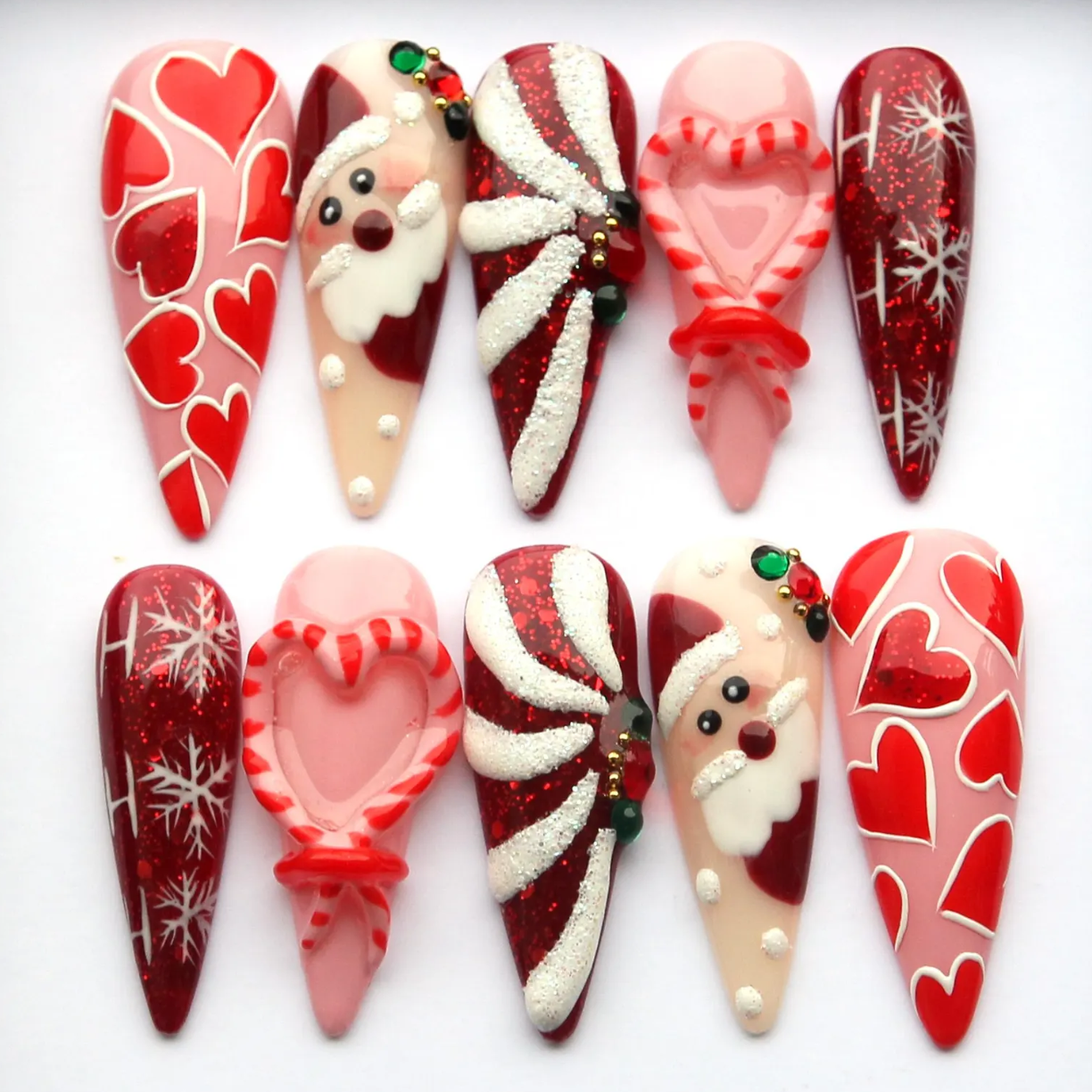 (Handmade) 10pcs/Set 3D Christmas Bow Heart Snowflake Press On Nails