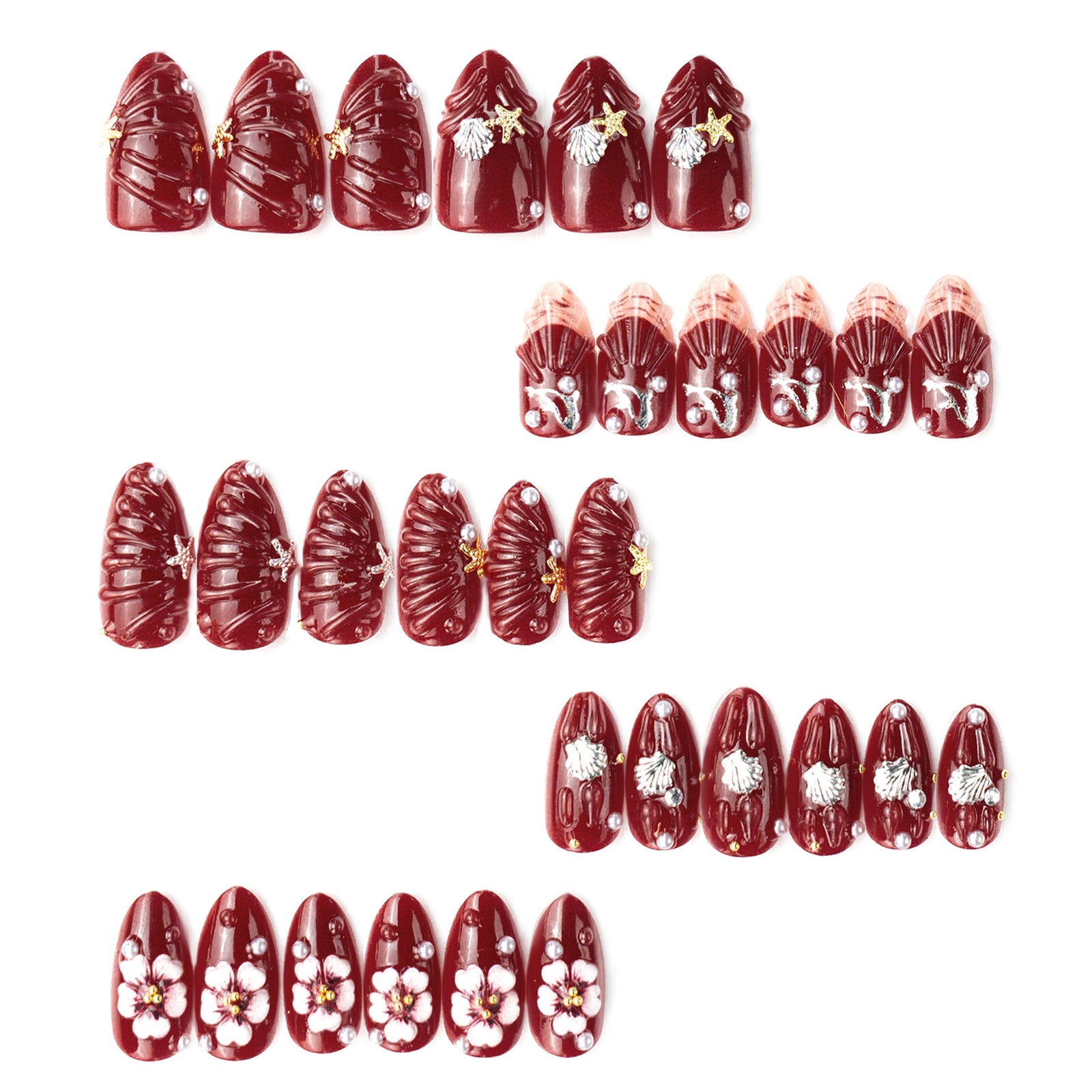 30pcs/Set 3D Floral, Starfish & Seashell Press-On Nails