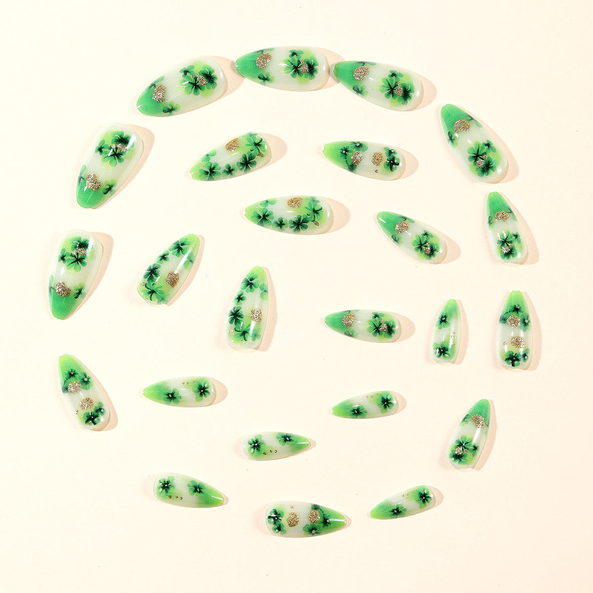 24pcs/Set Glitter Four-Leaf Clover Press-On Nails