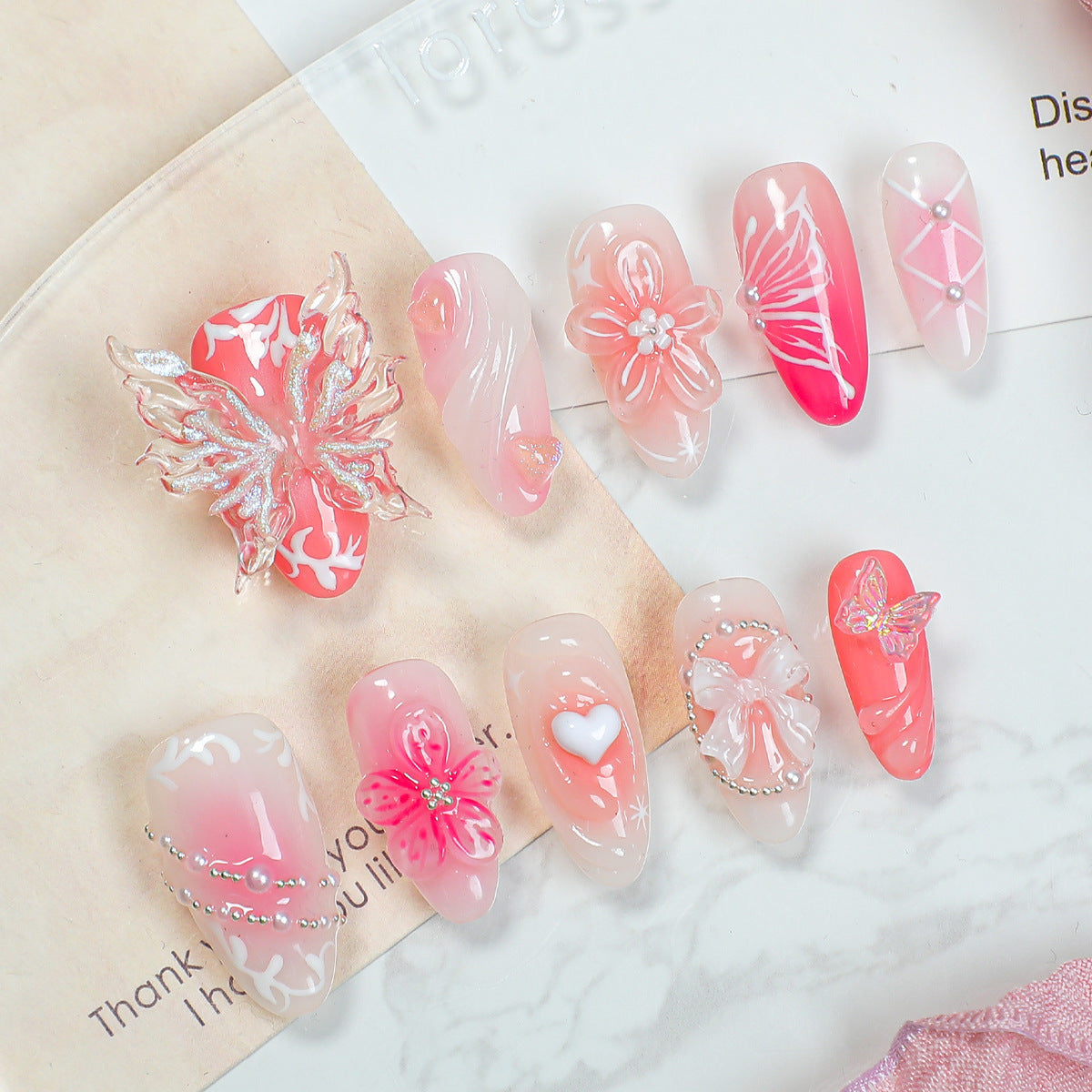 (Handmade) 10pcs/Set 3D Butterfly Wings with Icy Flowers Press-On Nails