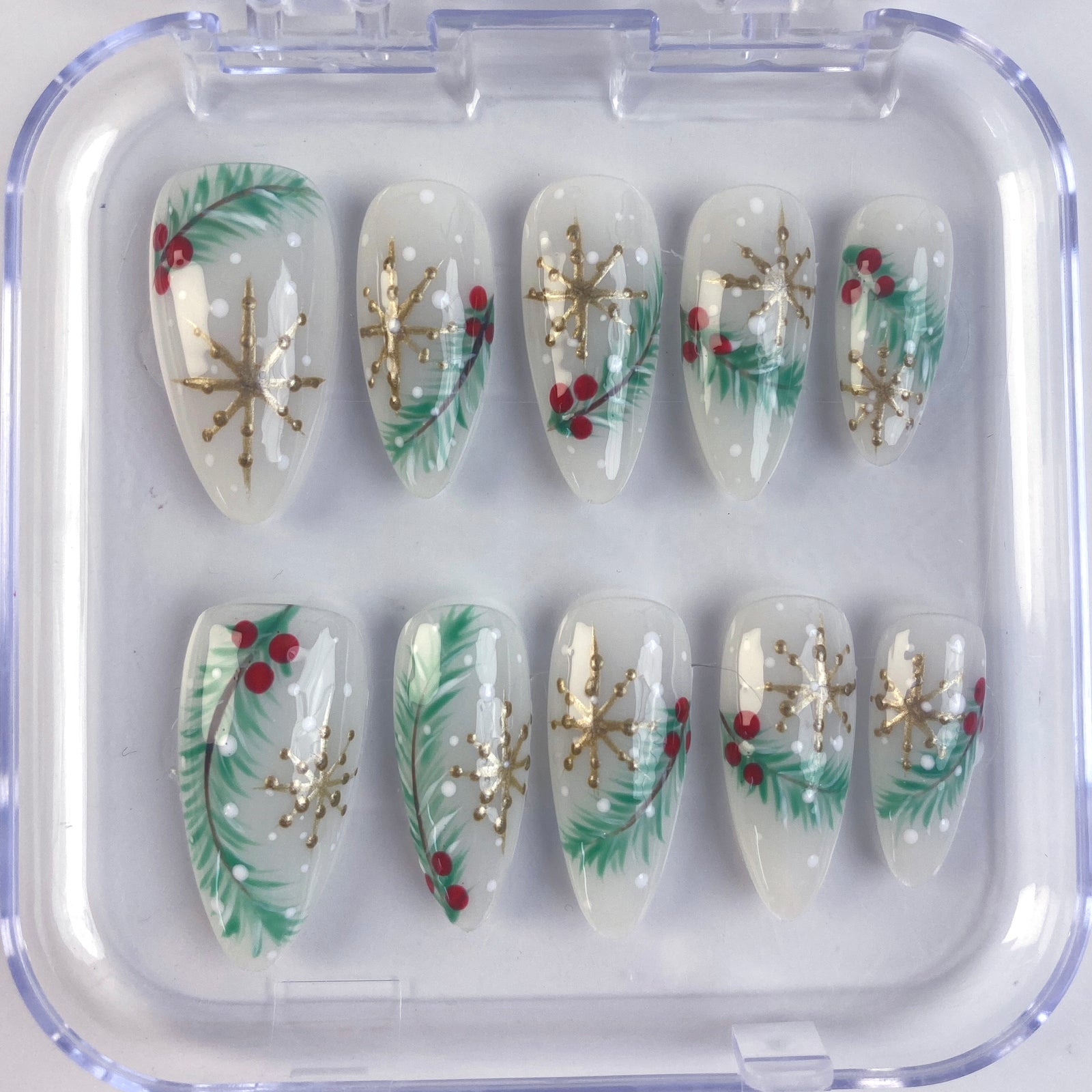 (Handmade) 10pcs/Set Gold Snowflake Christmas Tree Press-On Nails