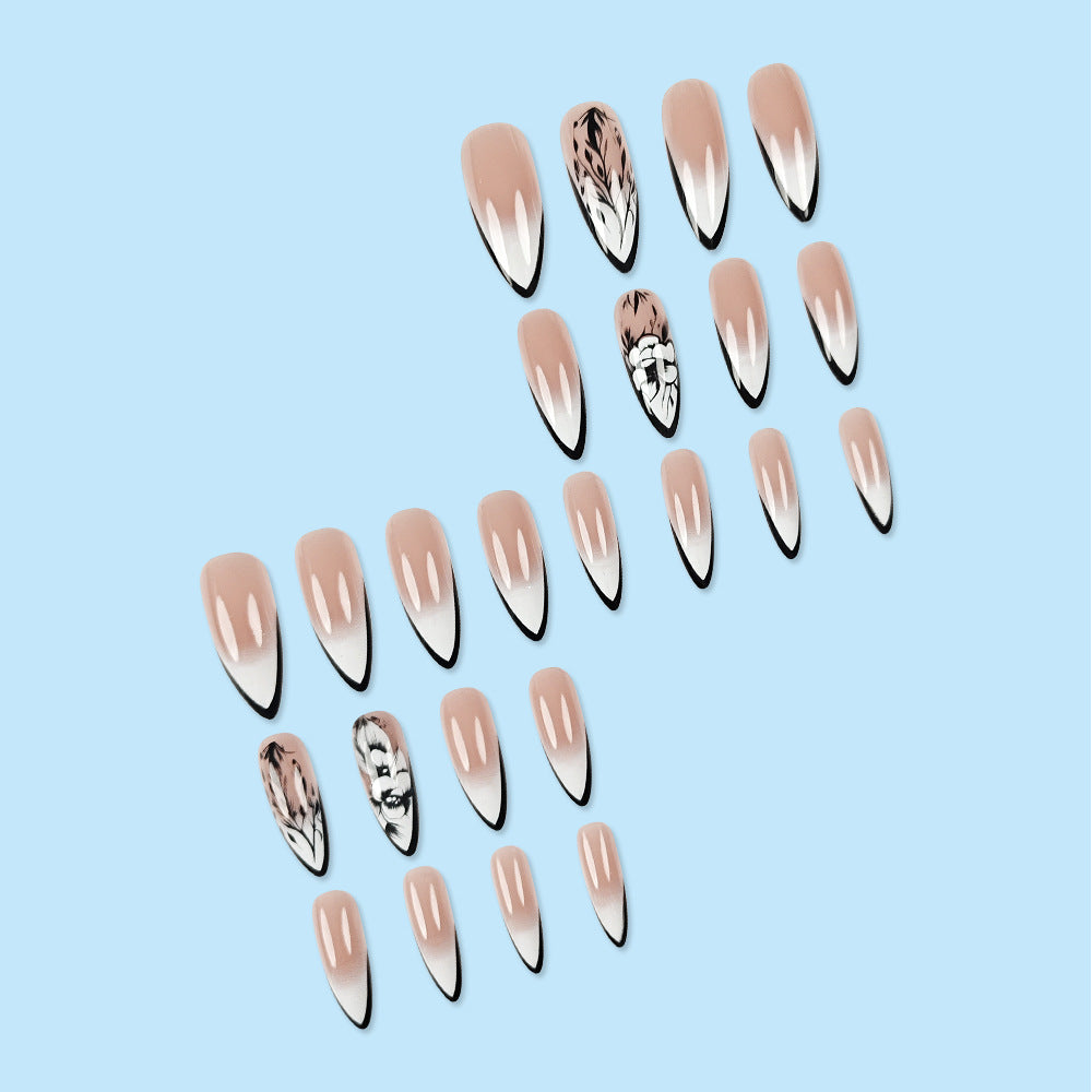 24pcs/Set Gradient Black Edge Flora Press-On Nails