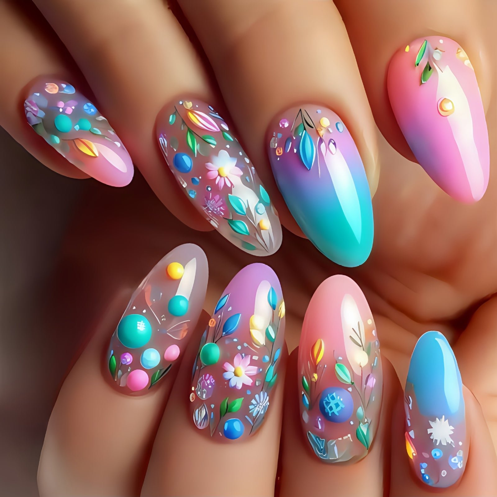 24pcs/Set Multicolor Gradient Flowers Press-On Nails