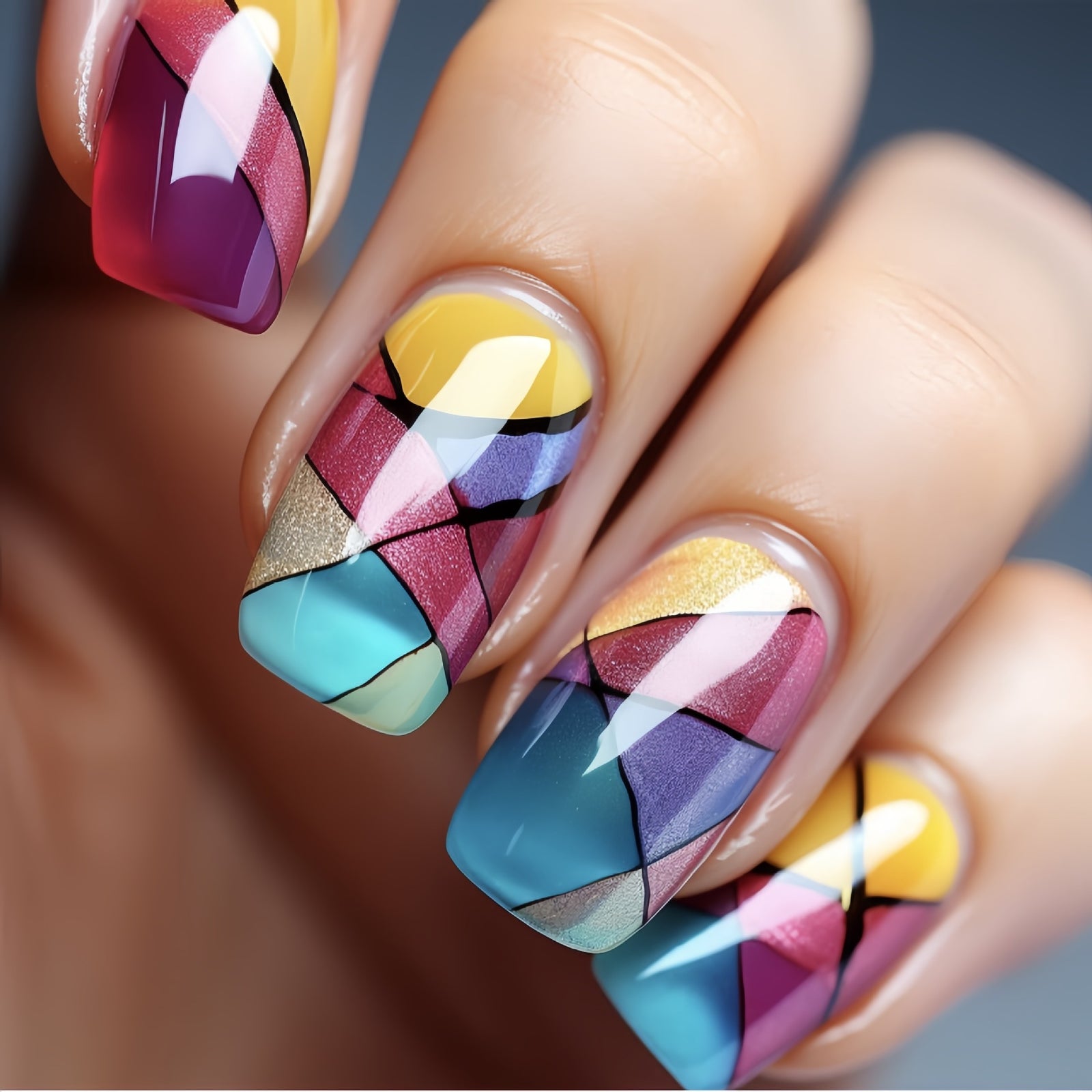 24pcs/Set Color Block Press-On Nails