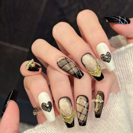 (Handmade) 10pcs/Set Black & Gold Plaid Heart Cross Cat Eye Press-On Nails