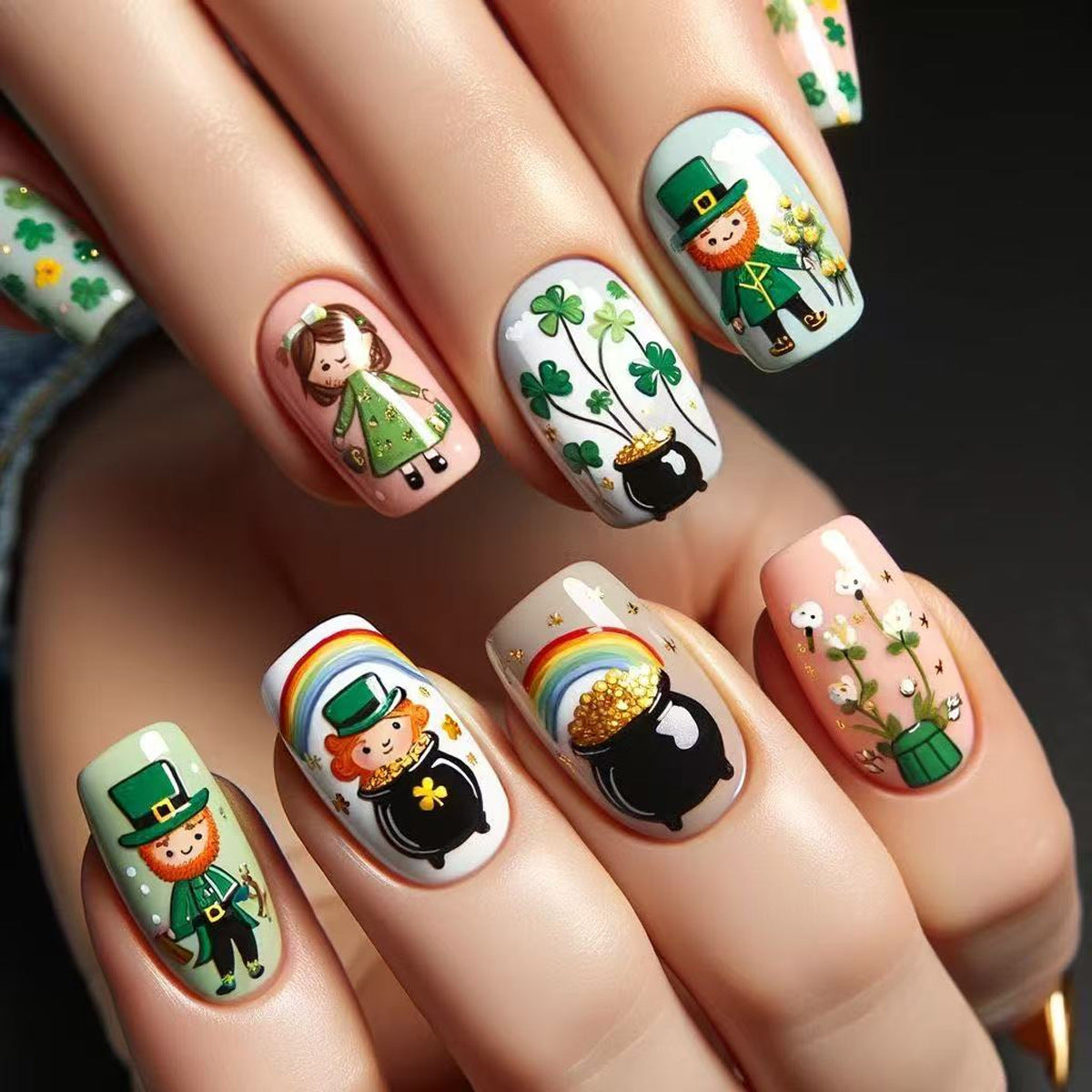 24pcs/Set Shamrock Character Rainbow Painting Press-On Nails