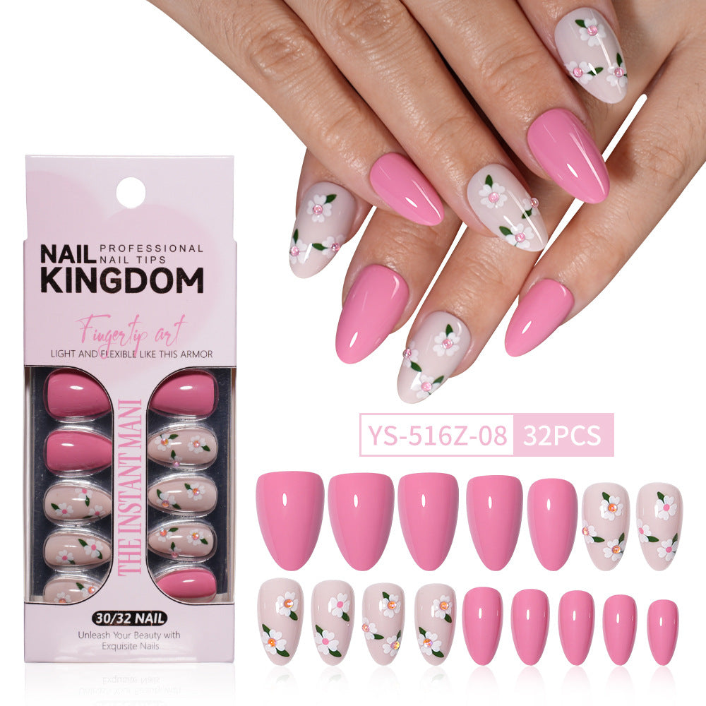 32pcs/Set Decal & Rhinestone French Short Almond Press-On Nails