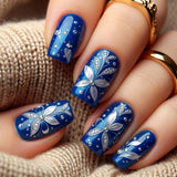 24pcs/Set Deep Sea Blue & White Flowers Press-On Nails