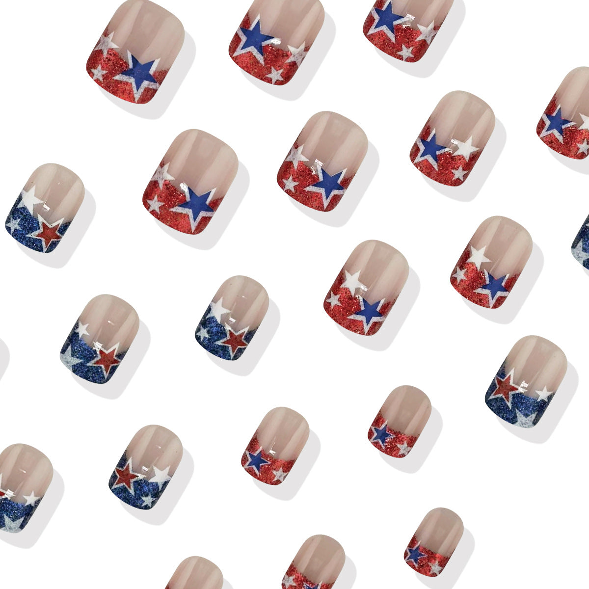 24pcs/Set Blue & Red Glitter French Tip with Stars Press-On Nails