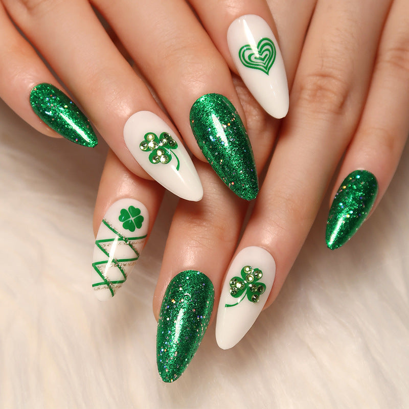 24pcs/Set Four-Leaf Clover Green Glitter Heart Press-On Nails